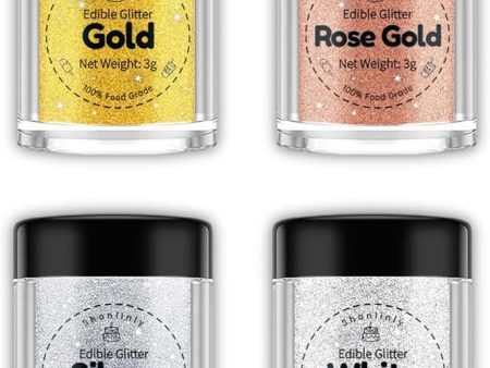 Edible Glitter Luster Dust - Food Grade - Edible, Set of 4 Colors, 3 grams - Glitter for Cocktails, Cake Decorating, Macaron, Candy, Icing Cream, Cookies, Chocolates, Fondant Pops - Halal, Vegan, Gluten-Free, Dairy-Free Supply